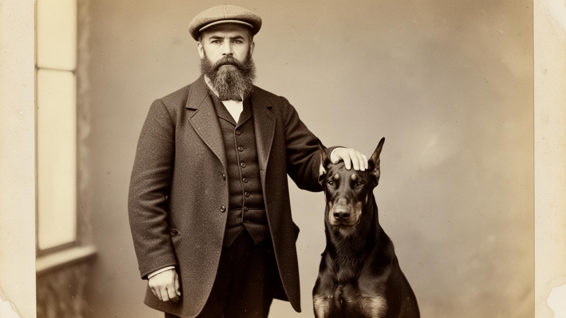 Vintage sepia portrait of Louis Dobermann standing beside his early Doberman Pinscher