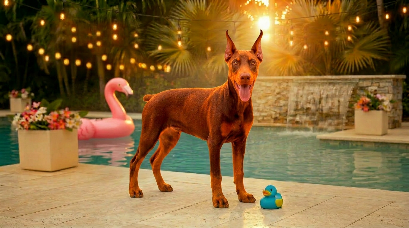 Red female Doberman with cropped ears and docked tail standing on white travertine pool decking beside a turquoise pool with palm trees behind