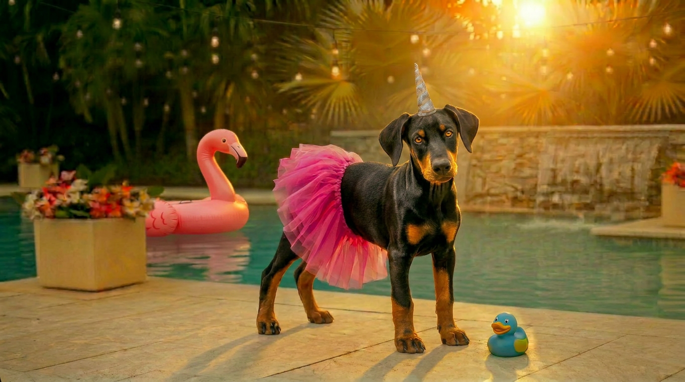 Red female Doberman in a pink tutu and unicorn horn standing poolside in golden morning light