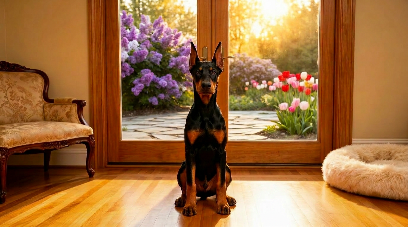 Four-month-old black Doberman puppy with cropped ears sitting on a wood floor waiting at French doors opening to a sunlit garden with lilacs and tulips