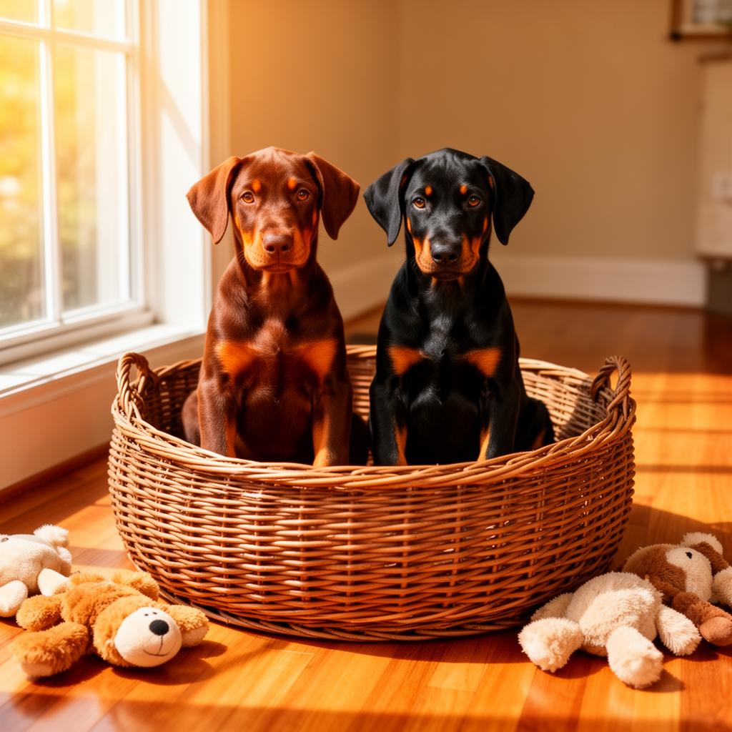 Two Doberman puppies, one red and one black, sitting together in a wicker basket in a sunlit room