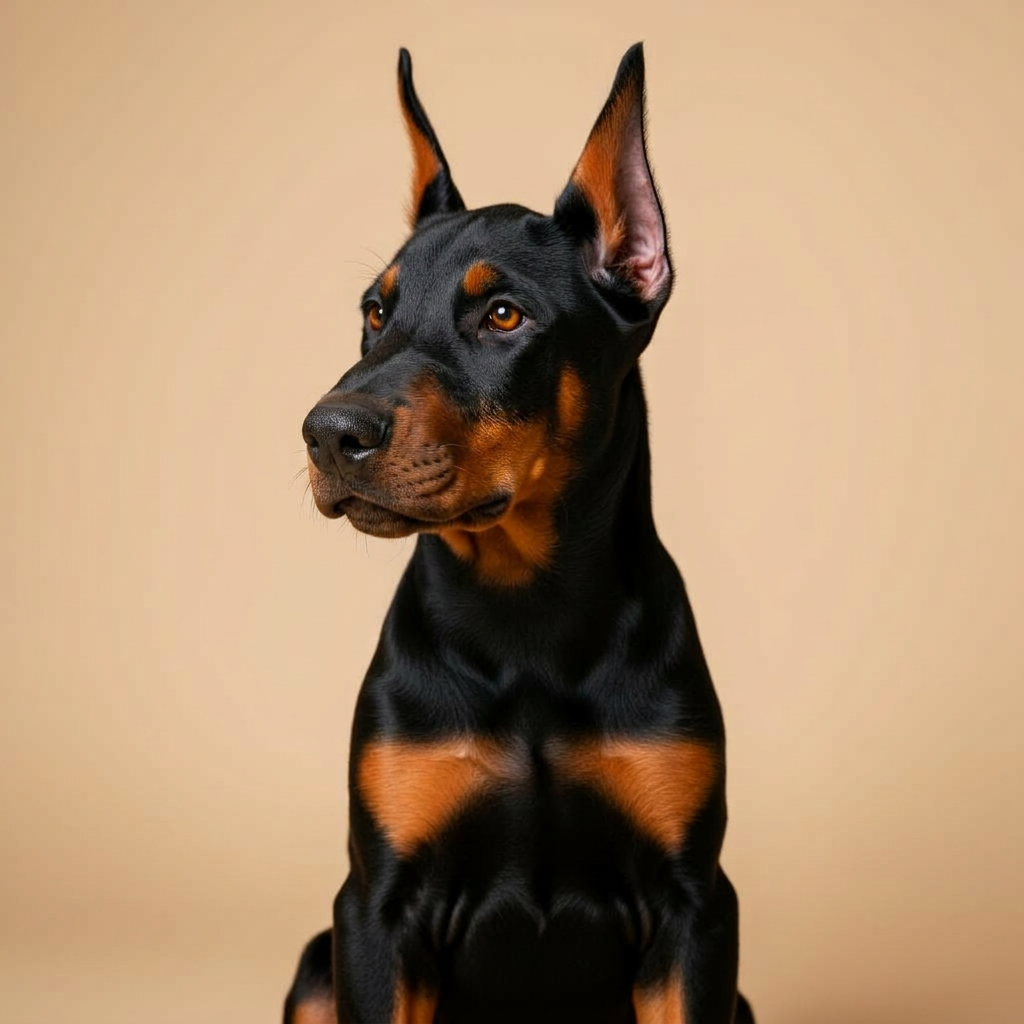 Black and tan Doberman puppy with cropped ears looking up against a beige studio background