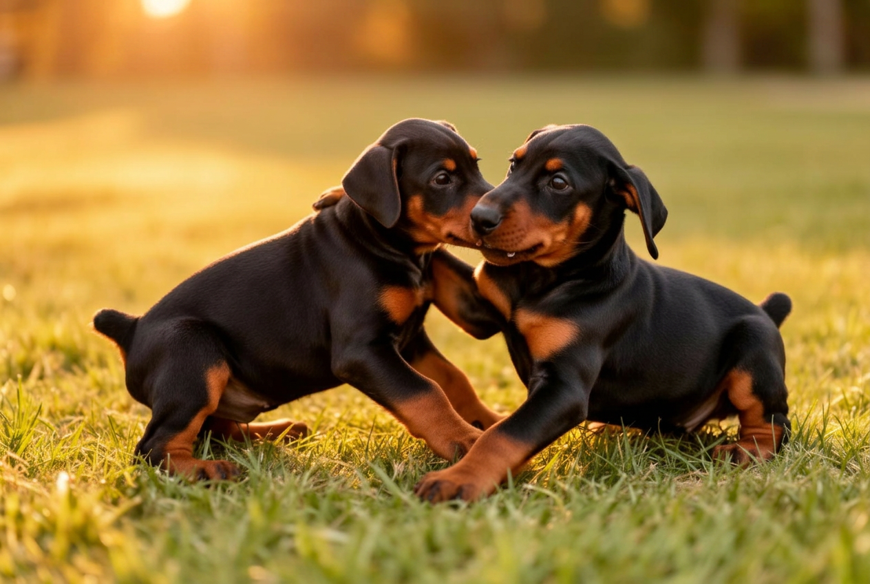 Two Doberman puppies wrestling on grass at golden hour