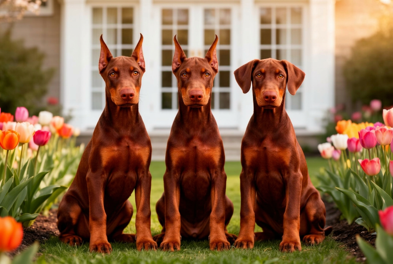 Two Doberman puppies, one red and one black, sitting in a wicker basket with stuffed toys nearby in a sunlit room