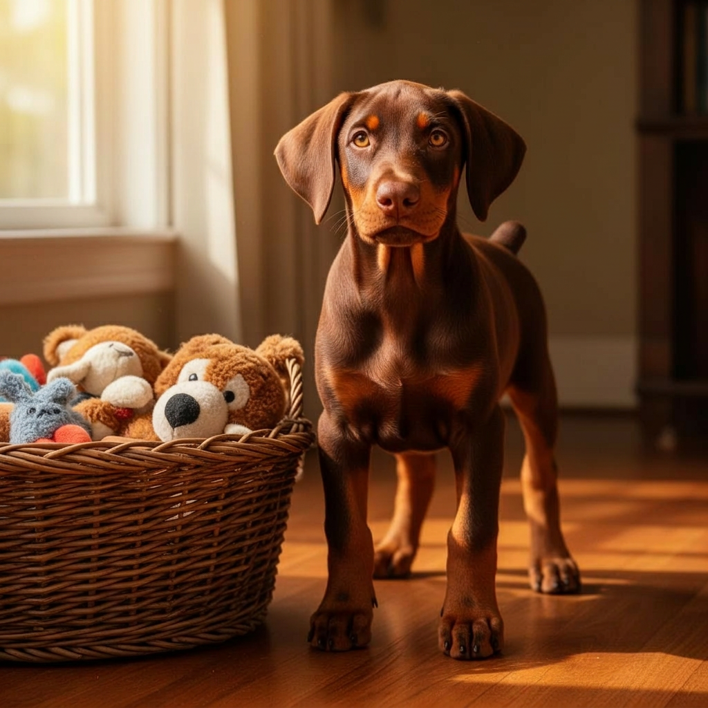 Red Doberman puppy beside a basket of toys