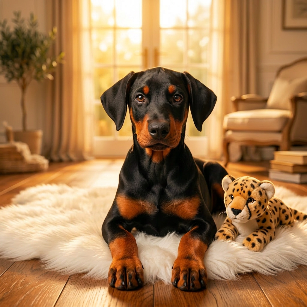 Doberman puppy on a faux fur rug in warm morning sunlight with a stuffed cheetah toy