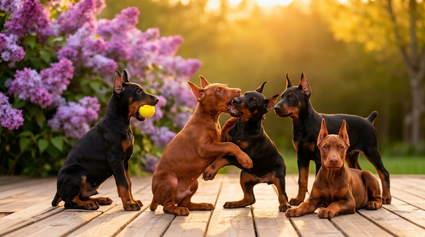 A litter of black-and-rust and red-and-rust Doberman puppies with cropped ears and docked tails standing on a wooden deck, blooming lilacs and golden morning light through the trees behind them