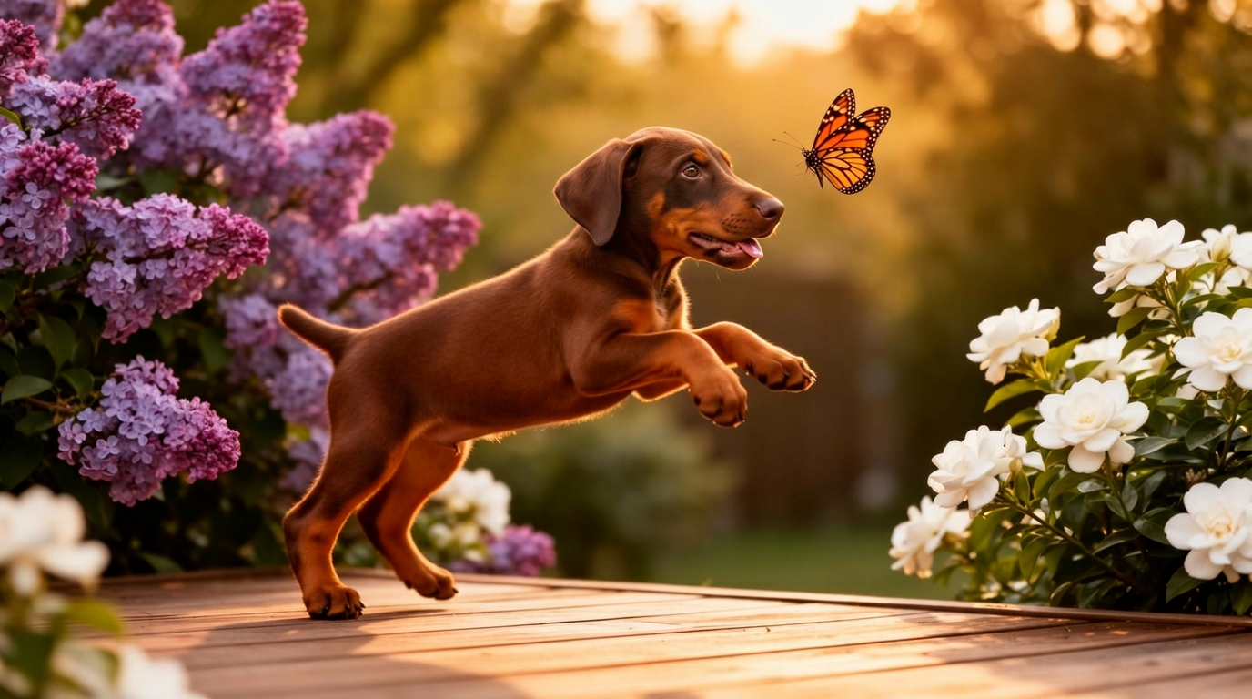 Eight-week-old red Doberman puppy leaping after a monarch butterfly on a sunlit wooden deck with lilacs and gardenias in bloom