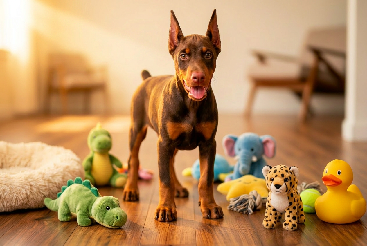 Doberman puppy playing on a rug in soft light