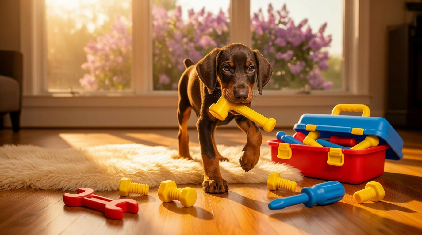 Twelve-week-old red Doberman puppy carrying a yellow plastic toy hammer, with a child's toolbox and scattered plastic tools on a hardwood floor and faux fur rug, lilacs blooming through sunlit windows