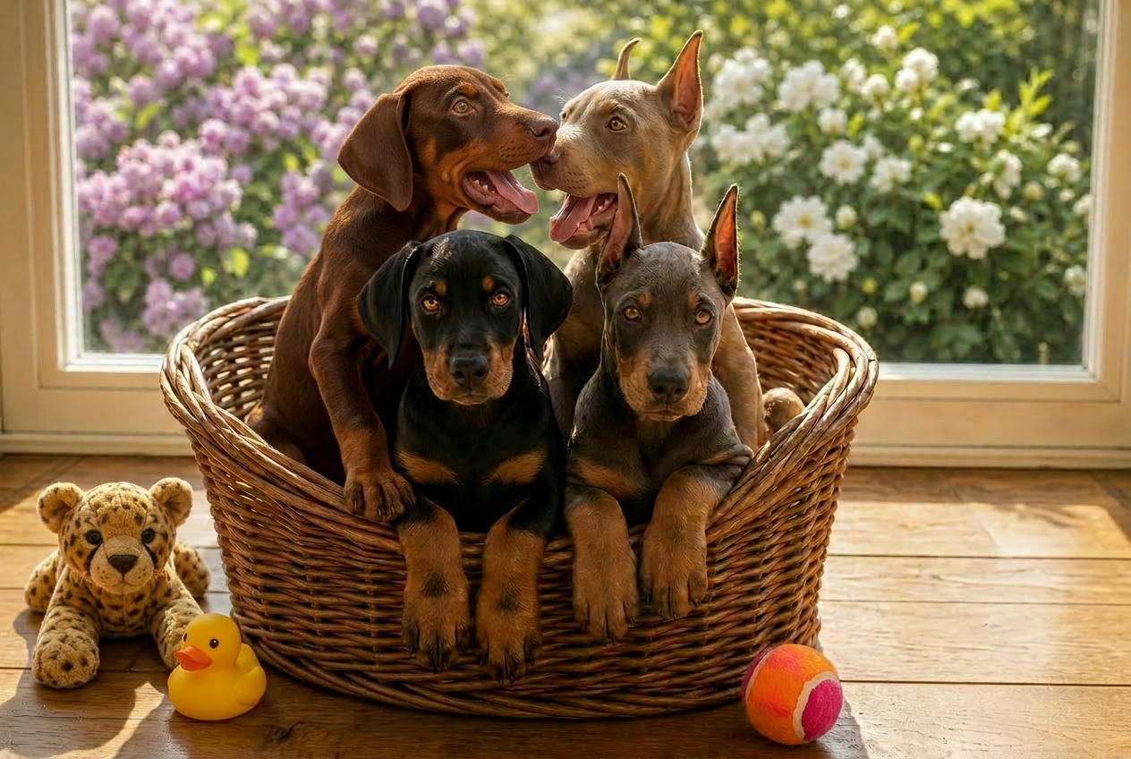 Four Doberman puppies — black, red, blue, and fawn — in a wicker basket beside a sunlit window