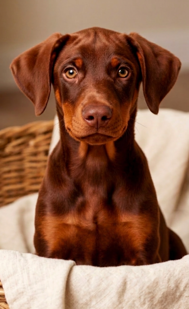 Red Doberman puppy with natural ears and warm amber eyes, sitting in a wicker basket